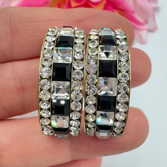 Vintage Black Clear Sparkle Dazzle Rhinestone Hoop Earrings Statement Runway Fun - Picture 1 of 17